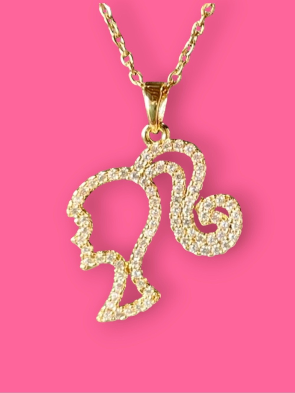 Barbie Profile Pendant Necklace~Gold Tone with Sparkling Rhinestones